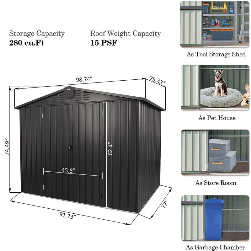 Outdoor Storage Shed 8.2'X 6.2', Metal Garden Shed For Bike, Trash Can, Galvanized Steel Outdoor Storage Cabinet With Lockable Door For Backyard, Patio, Lawn (8.2X6.2Ft, Dark Gray)