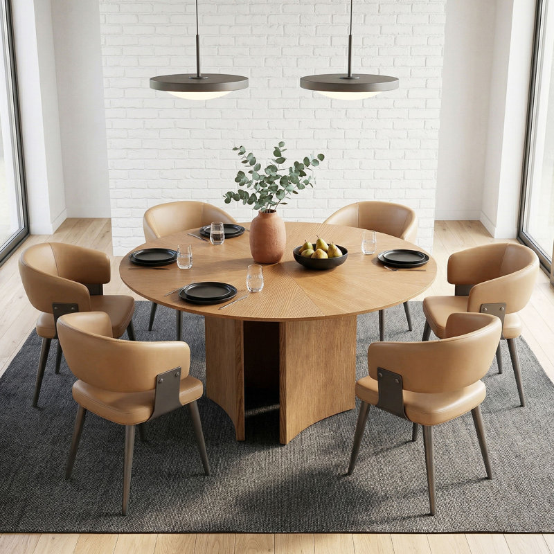 Ensemble de table de salle à manger à piédestal moderne 59,05 po et 6 chaises rembourrées - Base sculpturale - Noyer / brun clair