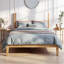 Grand lit plateforme Mid-Century moderne, tête de lit tapissier en velours avec capitonnage à boutons, pieds fuselés en bois massif, aucun sommier requis, capacité de 700 lb, assemblage facile pour la chambre à coucher-1409288241