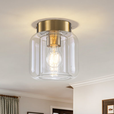 Plafonnier encastré 1 lumière, finition laiton avec abat-jour en verre transparent