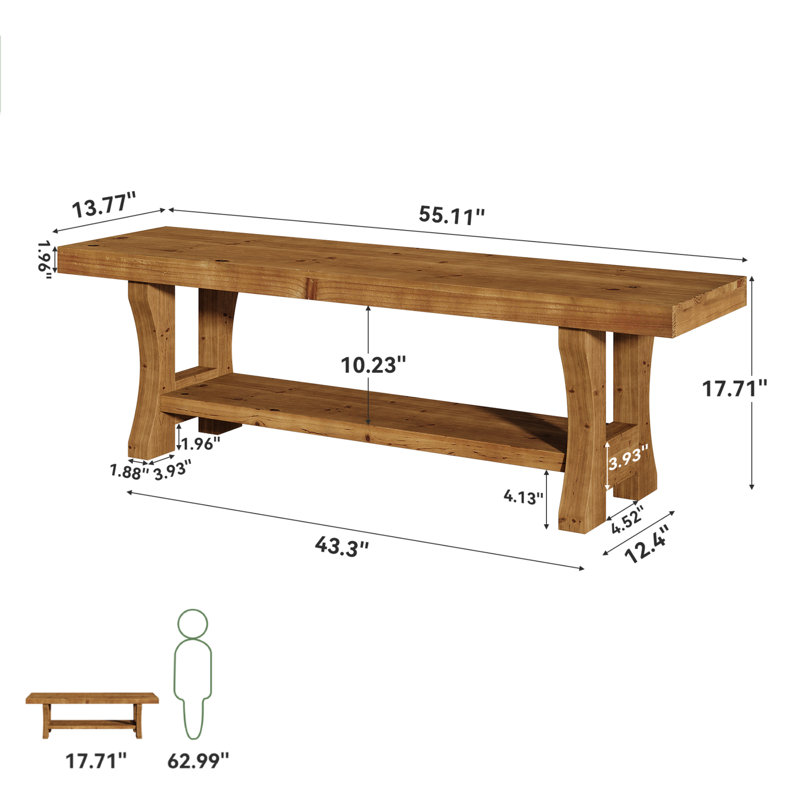 55.11" W x 17.71" H Solid Wood Entryway Bench with Heavy-Duty Legs, 2-Tier Storage Bench for Entryway and Bedroom, Brown