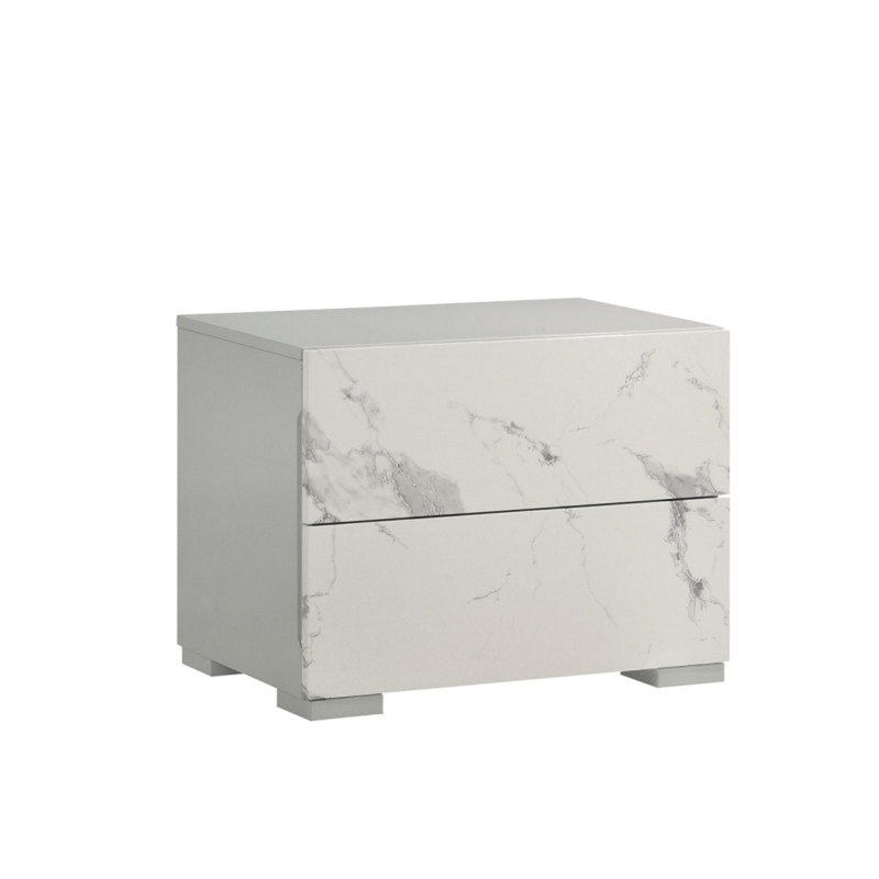 Table de chevet moderne laquée blanc / gris avec stratifié marbre