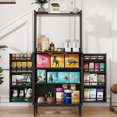 51.2" Tall Black Multifunctional Pet Storage Cabinet, Dog & Cat Food Organizer with Adjustable Shelves, Open Side Shelving, and Magnetic Doors, Anti-Tilt Pet Pantry for Food, Toys, and Supplies
