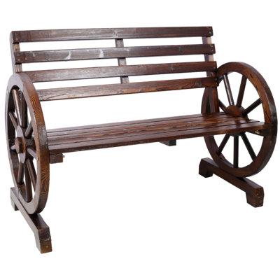 2-Person Wooden Wagon Wheel Bench for Outdoor Use, Rustic Country Design with Slatted Seat and Backrest