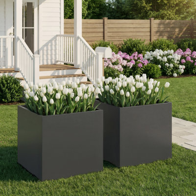 2 Pack Metal Rectangular Planter Box with Drainage Holes, Outdoor Plant Container for Patio, Yard, or Balcony