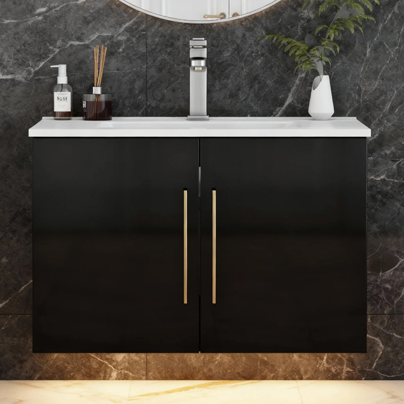 Meuble-lavabo mural 30 po avec lavabo, noir, Noir