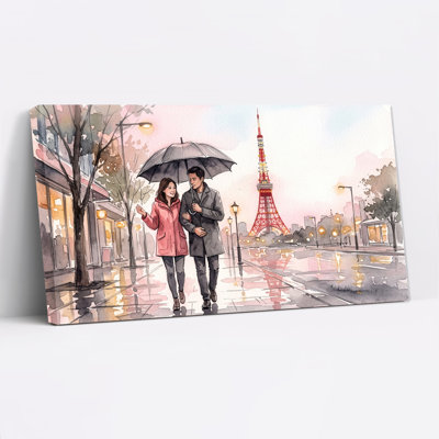 Couple d'aquarelle marchant près de la tour de Tokyo, tableau sur toile