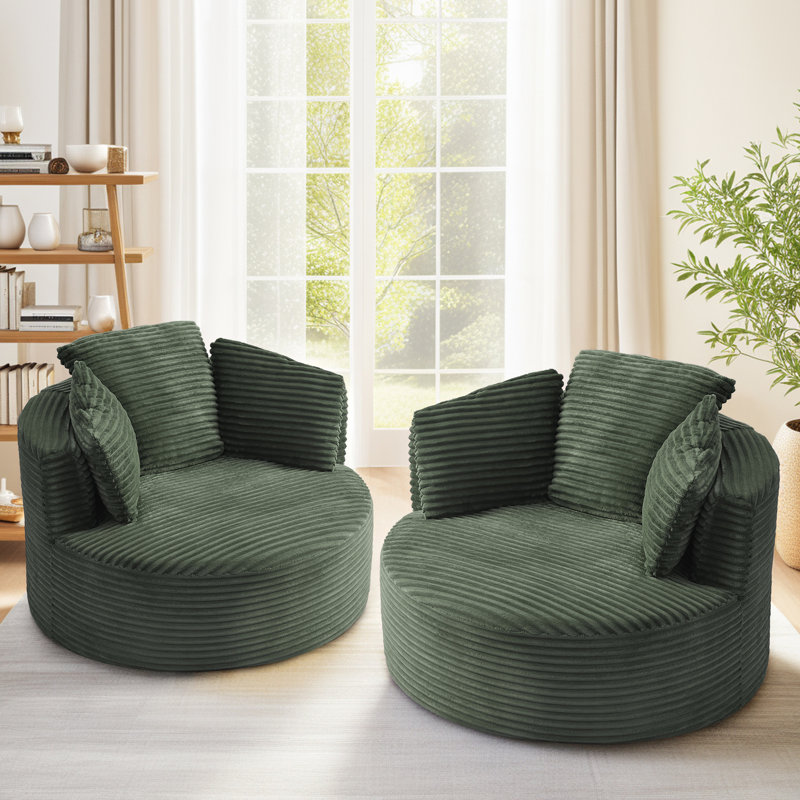 Lozena 2 Pieces - 49" Corduroy Upholstered Barrel Chair, Oversized Round Compression Chaise Lounge, No Assembly Required, Available in 7 Colors