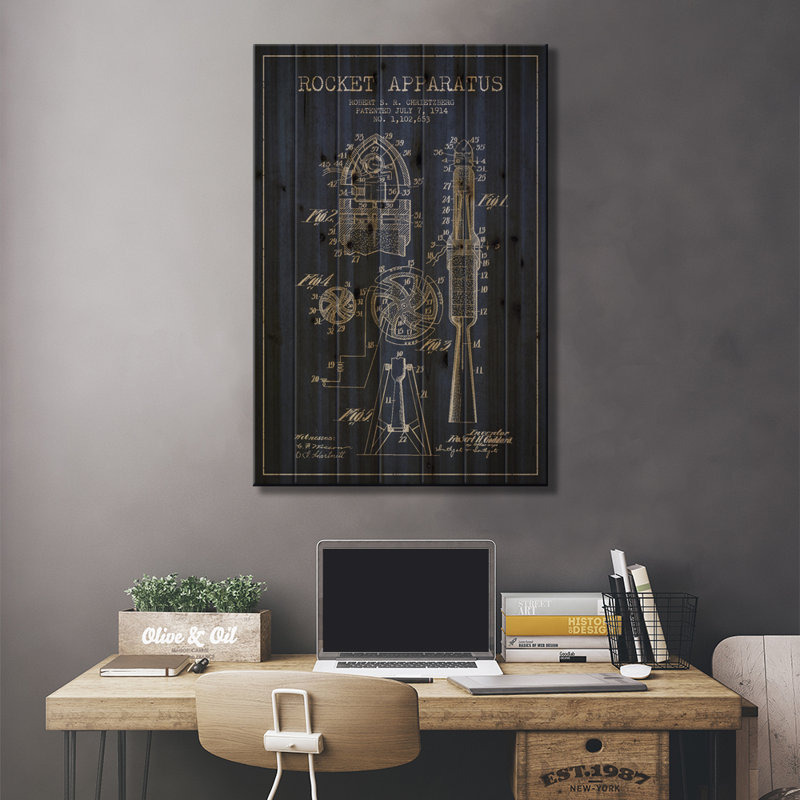 «Rocket Apparatus», brevet bleu marine sur bois par Aged Pixel Print, H 26 po x l 18 po x P 1,5 po