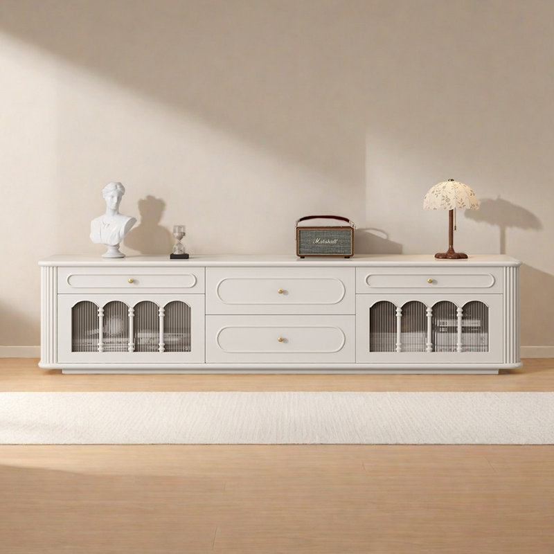 Meuble télé style rétro en buis français, Crème, crème, H 23,62 po x L 78,74 po x l 15,75 po