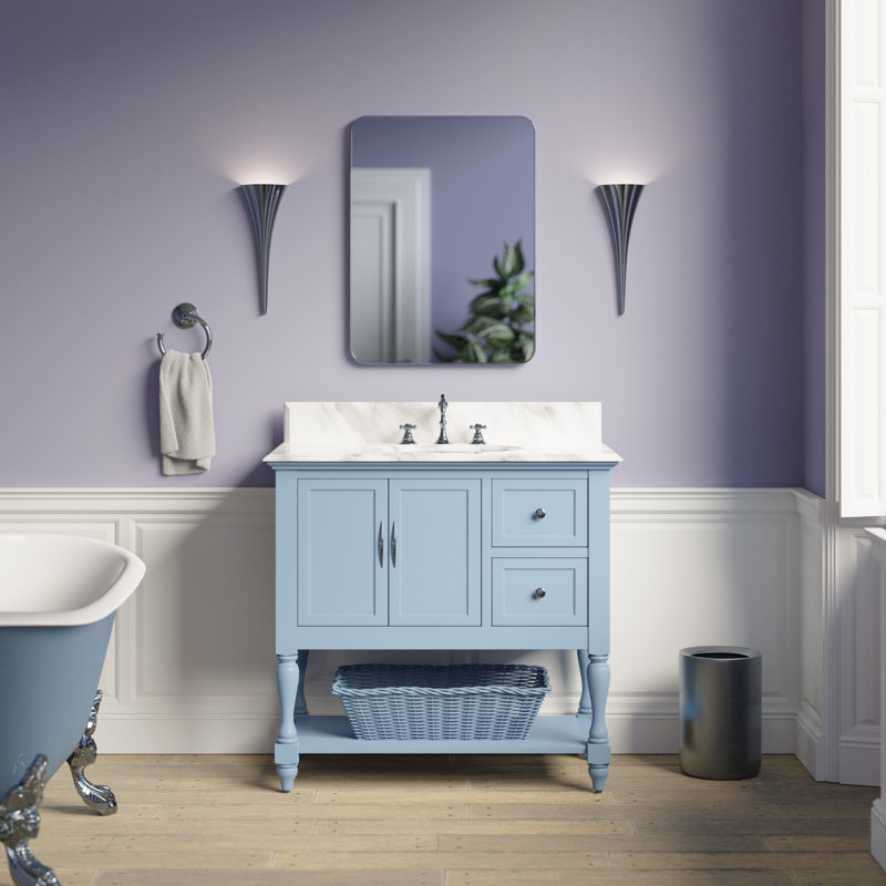 Ensemble de meuble-lavabo simple 36 po Hampton, Bleu poudre, Marbre de Carrare