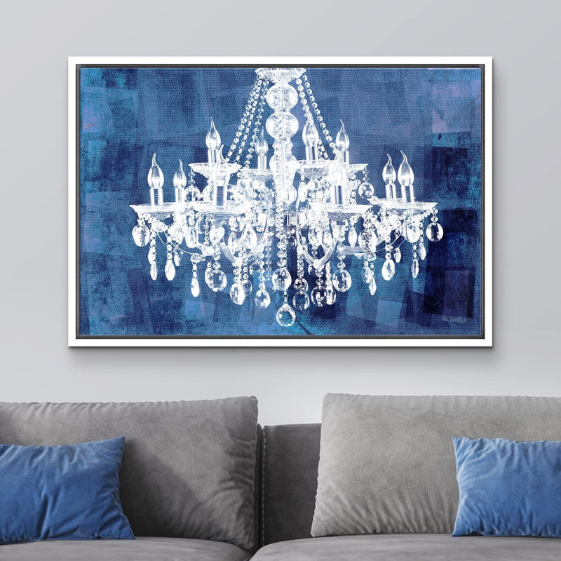 Glam Crystal Chandelier " White Chandelier Silhouette On Navy Background Decor Lights Modern Art ", 24" H x 36" W x 1.5" D