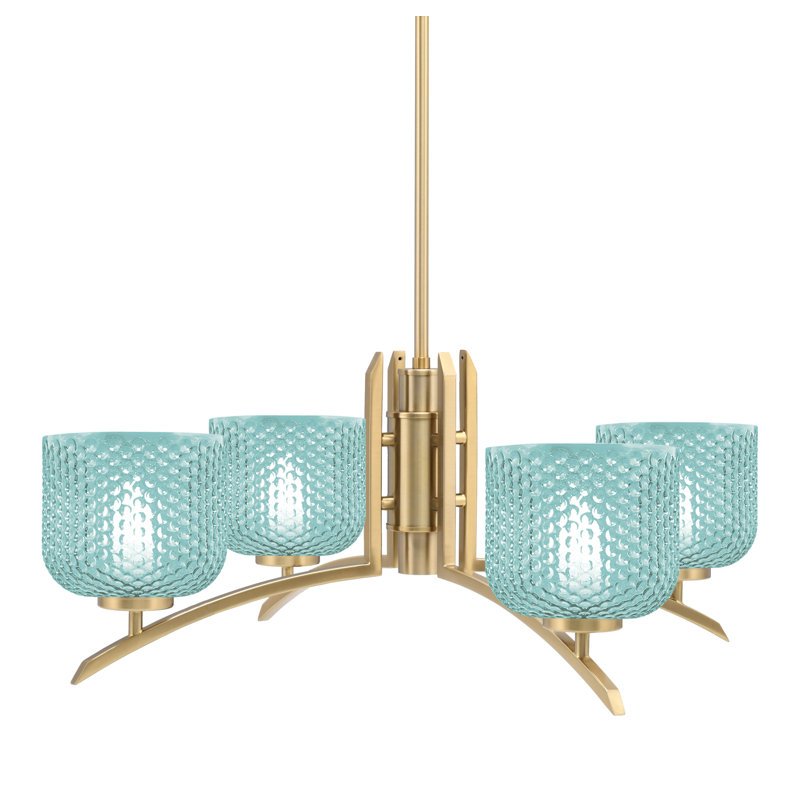 Lustre lumineux avec verre texturé turquoise de 6 po, H 58,25 po x l 27,5 po x P 27,5 po, 4, Laiton New Age
