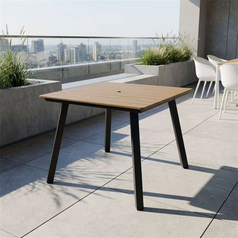 Table pliante d'extérieur, table carrée, plateau de table en bois-plastique composite à structure en fer robuste, design minimaliste, table de patio en chêne