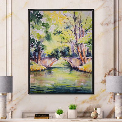 Pont sur la rivière dans un parc verdoyant - peinture sur toile