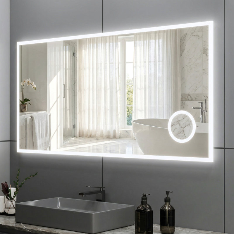 Aamorah Miroir de Salle de Bain DEL 60 po x 29,5 po avec Miroir Grossissant 3X Intégré - Miroir Intelligent Anti-Buée sans Cadre avec Contrôle de Gradation, Éclairage DEL Économe en Énergie et Design Double Miroir
