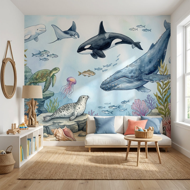 Papier peint sous-marin, aquarelle océanique, 80"x96", Non-Woven Nonpasted
