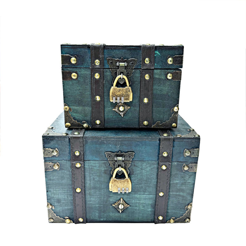 Wooden Treasure Box Set With Lock, Turquoise