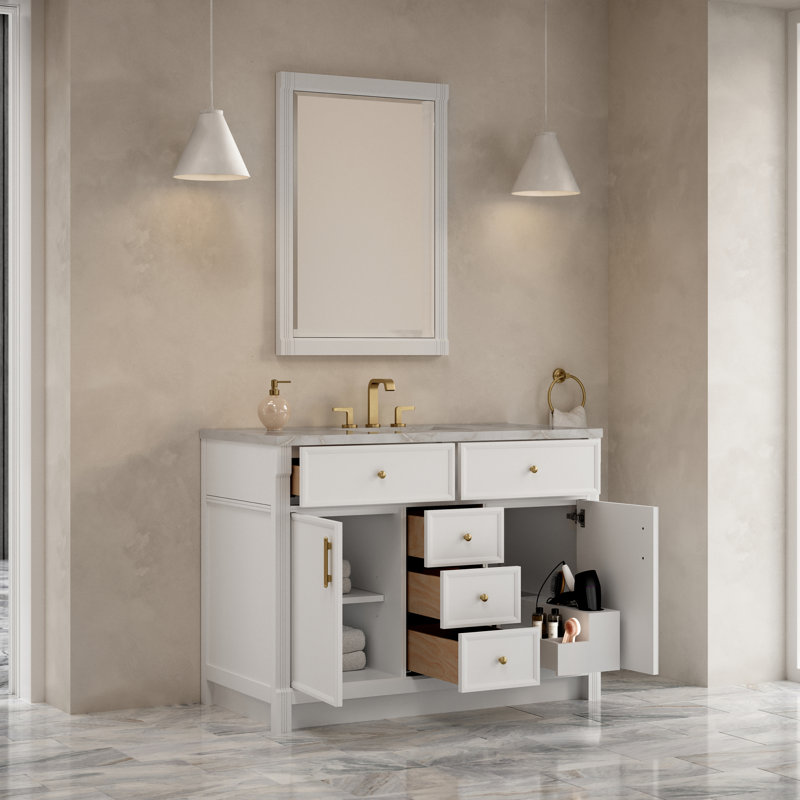 Bellshire Single Vanity, Bright White, 48", Victorian Silver Silestone