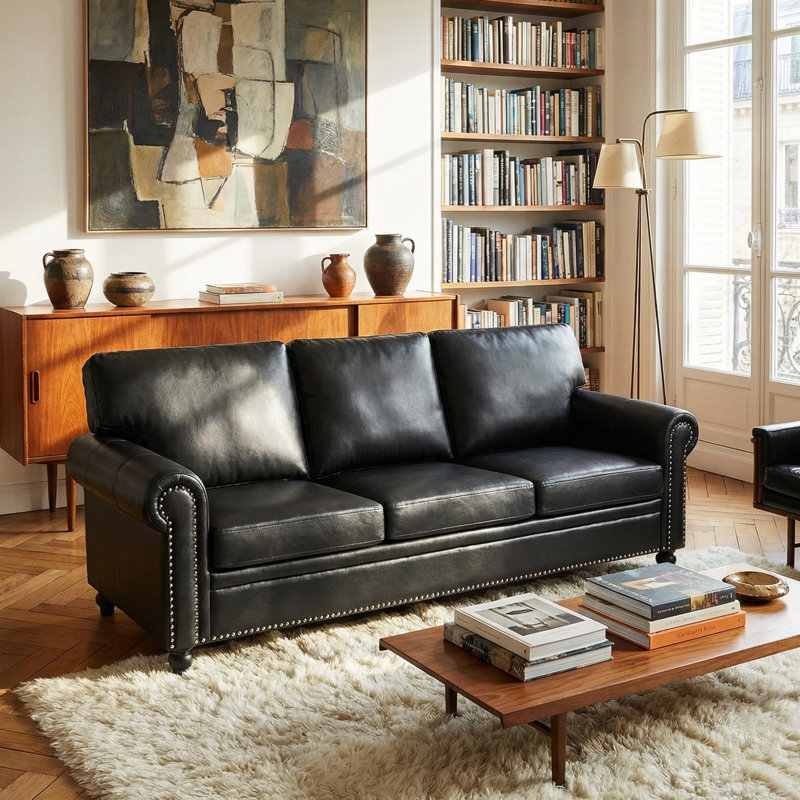 Boel 83.5'' Faux Leather Sofa, Black Faux Leather