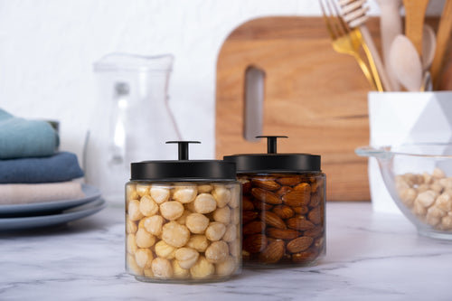 kook Glass Storage Canisters, 50 oz, Set of 2, Black Lid