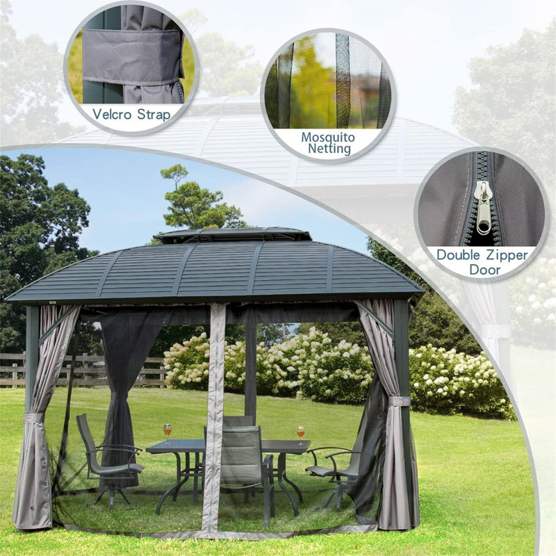 Outdoor Gazebo, Permanent Hardtop Gazebo With Aluminum Frame For Patios Deck Backyard, Galvanized Steel Double Roof, Curtains And Netting For Lawns, Garden, Poolside