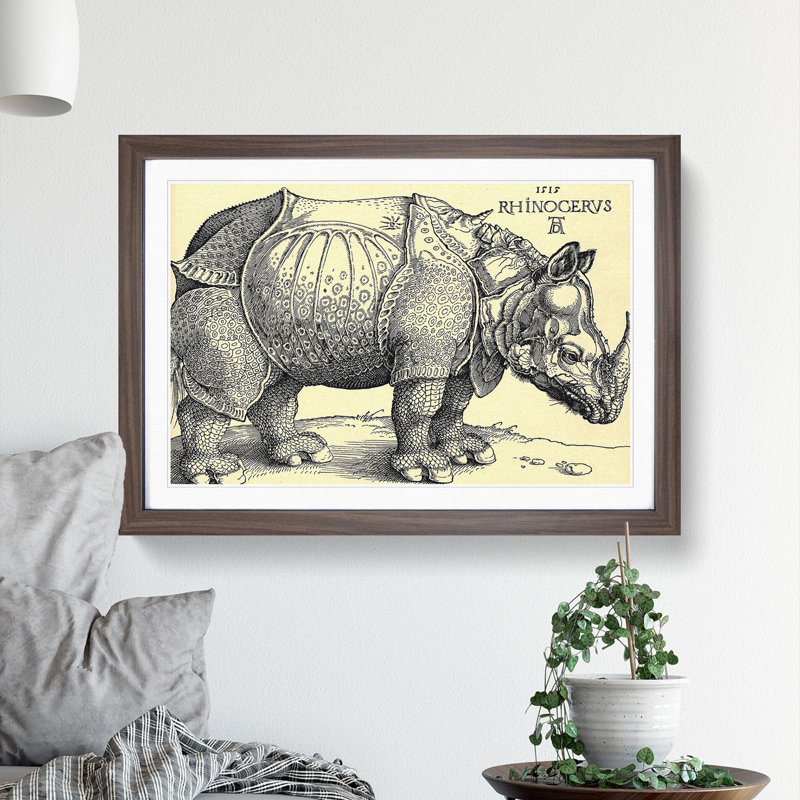 Rhinoceros by Albrecht Durer - Picture Frame Painting, Walnut Framed, 27cm H x 36cm W x 2cm D