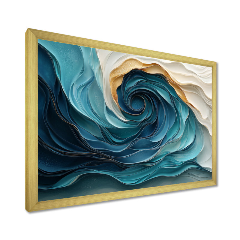 «Aqua Coastal Spirals Of Waves», art mural spirales abstraites, H 24 po x l 32 po, Cadre simple, Doré