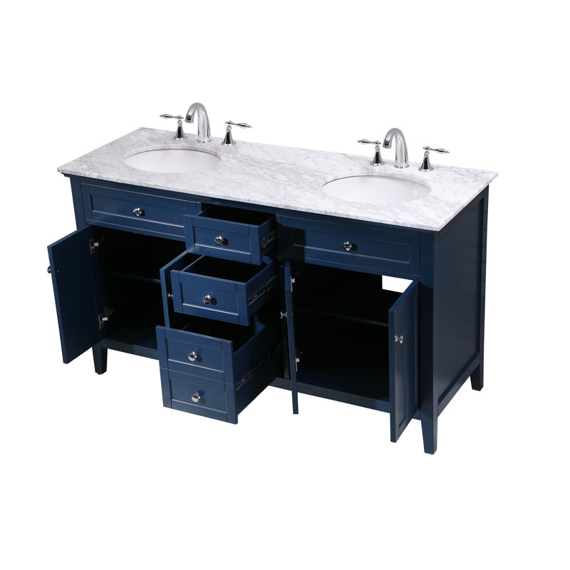Ensemble de meuble-lavabo double 60 po Ain, Blanc de Carrare, Bleu