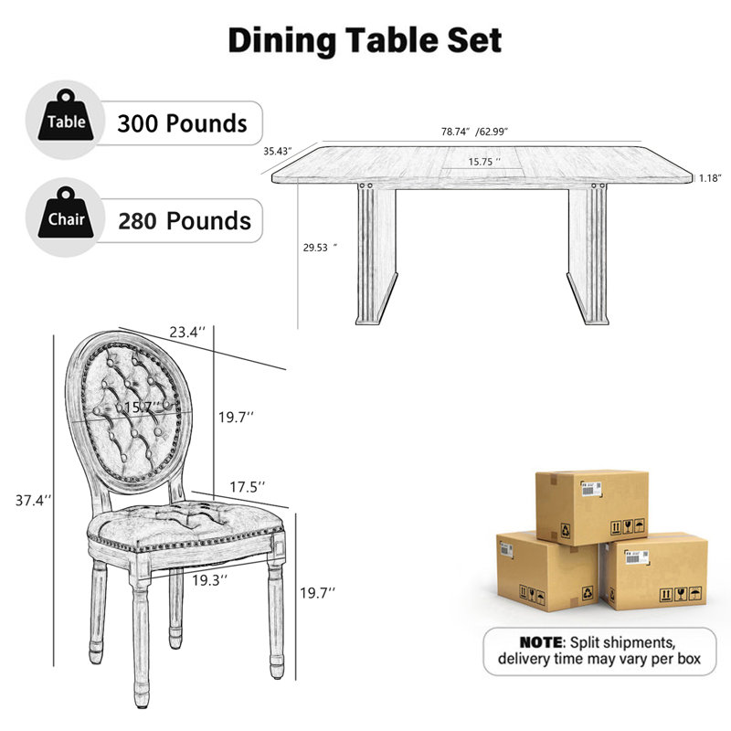 Mid-century Wood Rectangular Pedestal Dining Set with French Dininig Chair, Blue, 7 Pieces: Table, 6 Chairs