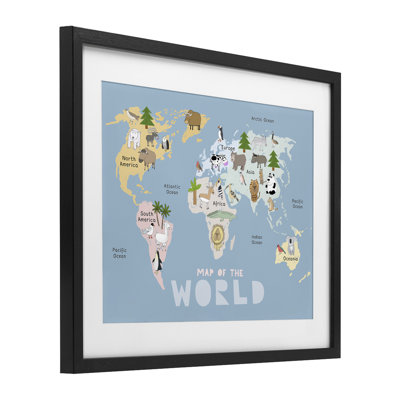 «Kid's Map of World», reproduction encadrée sous verre, par Carla Daly