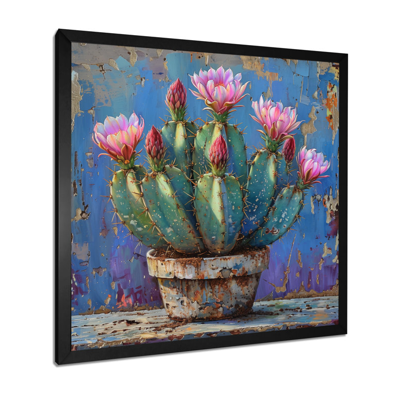 Cactus rose en poterie du désert - impression d'art mural cactus floral, H 36 po x l 36 po x P 1,5 po