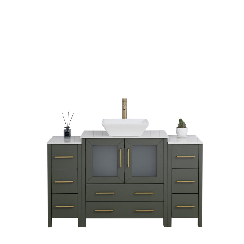 Ensemble de meuble-lavabo autoportant à simple cuve 54 "avec plateau en marbre et miroir assortis Ravenna, Chêne naturel