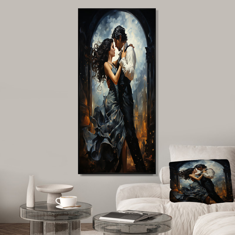 Couple dansant salsa fiesta passion - art mural danse, Cadre flottant noir, H 32 po x l 16 po