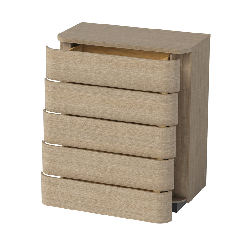 Table de chevet à 5 tiroirs de 100 cm de large avec façades incurvées, en bois naturel