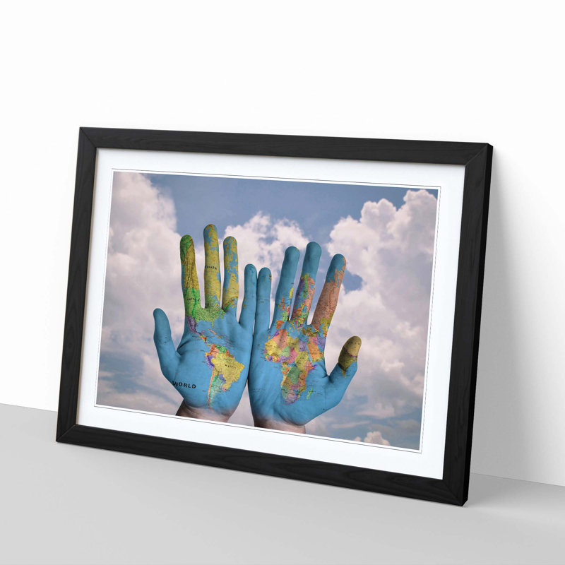 Globe Hands World Map Framed Photographic - Framed Print, Black