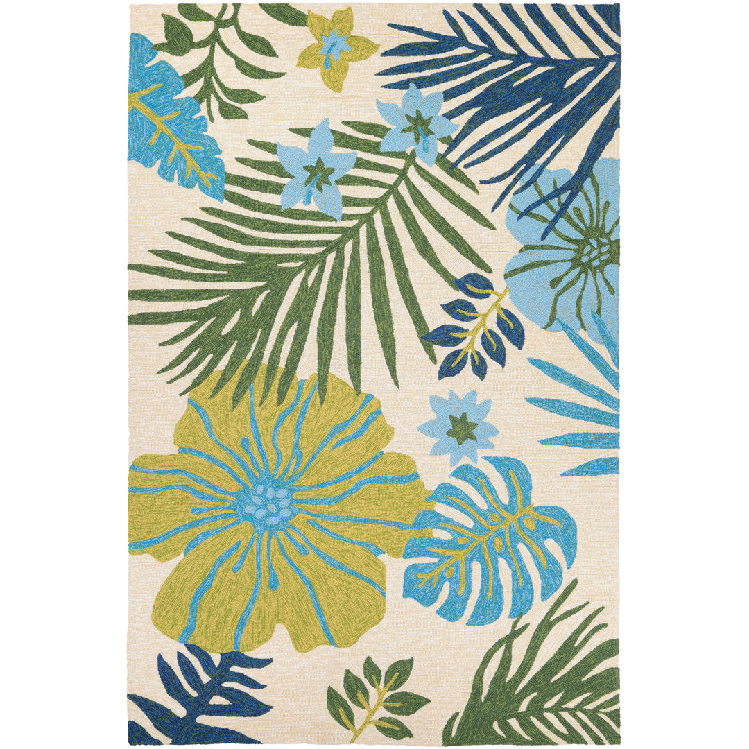 Stowthewold Floral Ivory Fern Green Handmade Indoor Outdoor Area Rug Beachcrest Home™ Rug 