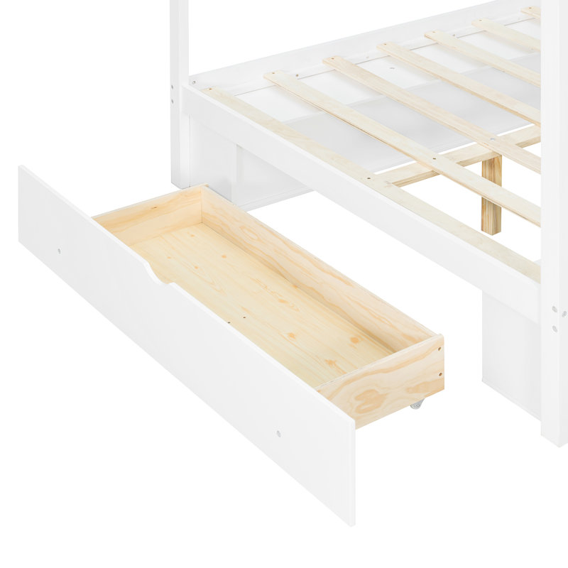 Lit à baldaquin en bois, taille standard, avec tête de lit bibliothèque, prises USB et éclairage DEL RVB intelligent, lit plateforme avec rangement sous le lit, tiroir au pied du lit et garde-robe réversible, blanc