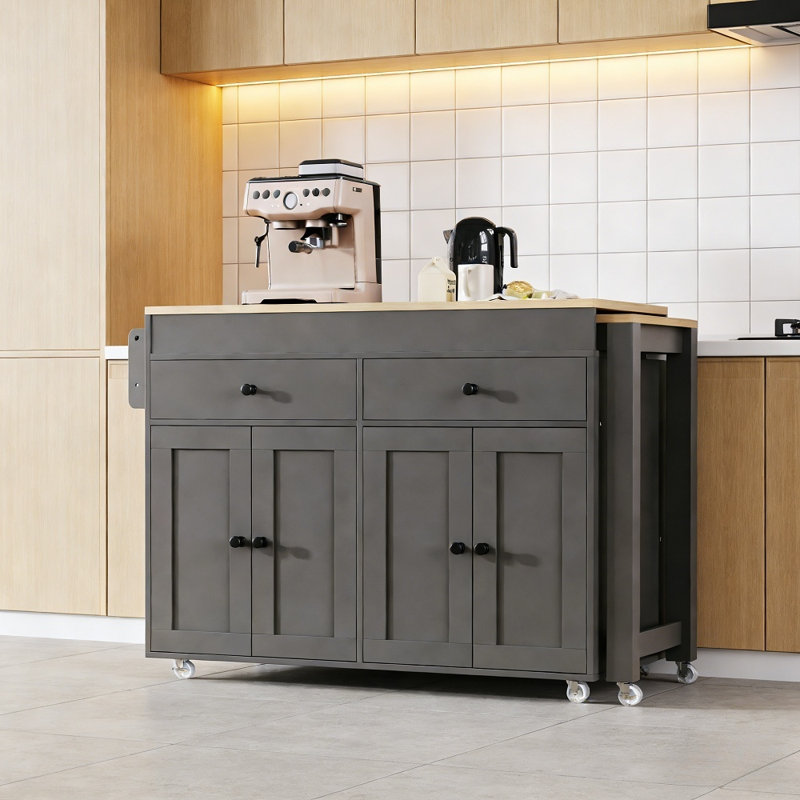 74.5 Inch Kitchen Island With Extendable Dining Table Kitchen Storage Cart with 4 Door Cabinet, Gray