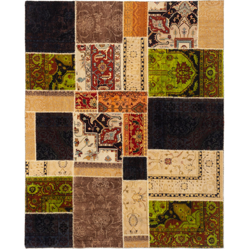 Tapis unique en laine noué à la main style Oushak vert / noir / crème 8 pi x 10 pi années 2010 Lugent