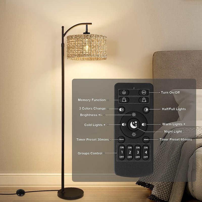 Arc Floor Lamp With Remote Control, Adjustable Height & 3 Color Temperatures, Farmhouse Rattan Wicker Shade, Rustic Standing Lamp For Living Room, Bedroom, Office, Reading