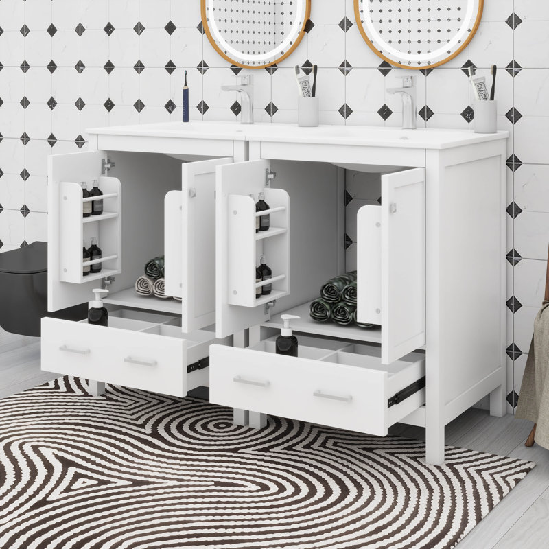 Meuble-lavabo 48 po avec lavabo encastré intégré, tiroir divisé et tablette à double couche, Blanc