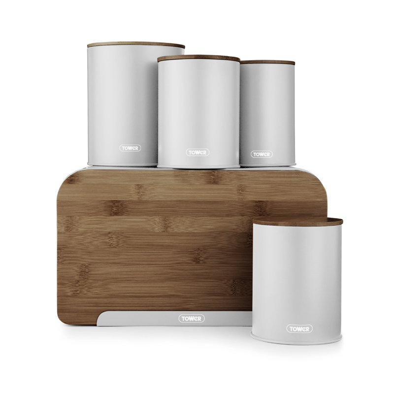 Tower Scandi 5 Piece Acacia Wood Storage Set with Bread Bin, Biscuit Barrel, Canisters, Gray