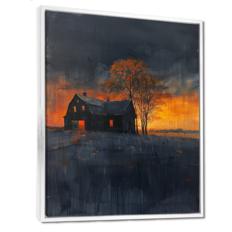«Yellow Blue Autumn Autumn Serenity Sunset Barn», reproduction d'art murale grange, Toile encadrée flottée blanche
