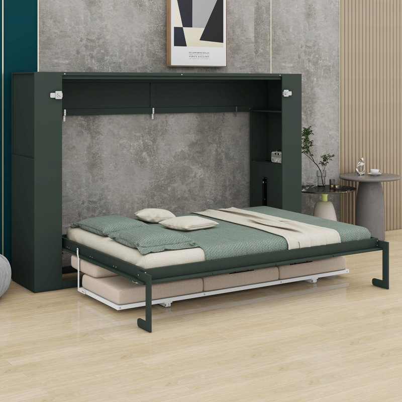 Le lit escamotable avec canapé combine des étagères de rangement et des ports USB de chargement dans un design moderne et épuré.