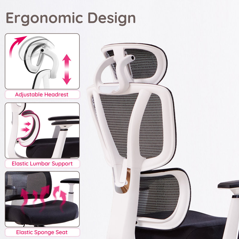 Ergonomic Office Chair With Adjustable Lumbar Support, Tilt Lock, 3D Armrests, White