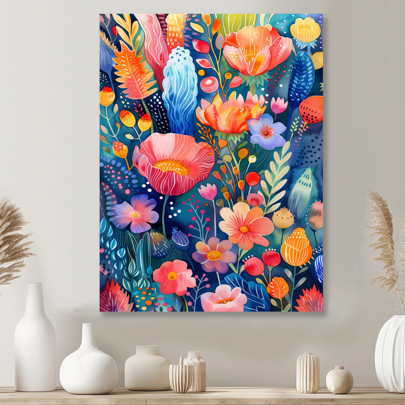 Décoration murale fleurs roses et bleues sous l'eau IV - Fleurs sauvages, Sans cadre, métal, H 12 po x l 20 po