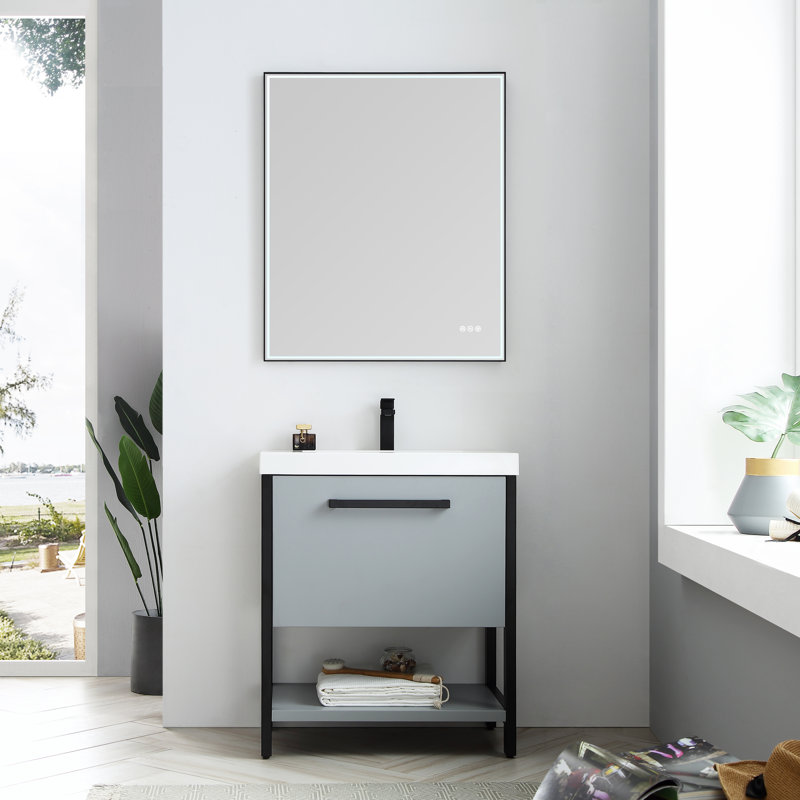 Ensemble de meuble-lavabo de salle de bain simple 30 po ergonomique imperméable Herakleitos, Gris métallique