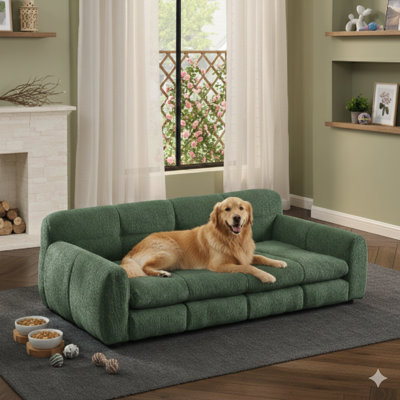 Canapé moelleux et confortable pour animaux de compagnie, conçu pour les chiens de grande et très grande race, avec une structure surélevée durable et un revêtement en tissu de lin moderne et élégant, fini en vert olive.