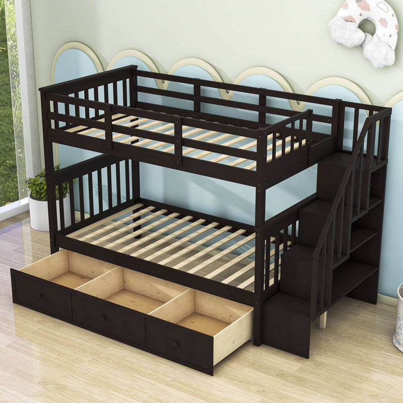 3 Drawers Wood Standard Bunk Bed, Espresso, Twin Over Twin